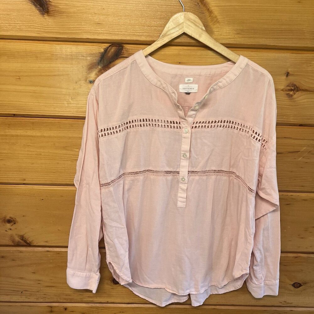 Ann Taylor LOFT Womens Henley Blouse Top L  Pink Long Sleeve The Softened Shirt